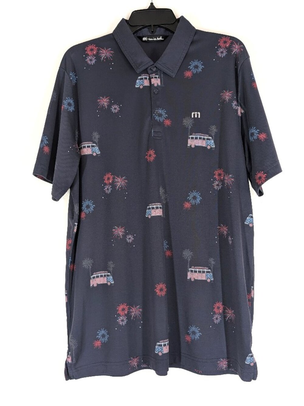 TRAVIS MATHEW Polo Men's XL Blue Firework Golf VW Bus Patriot Casual Logo Shirt
